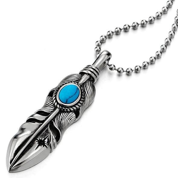 Retro Style Mens Womens Stainless Steel Feather Pendant Necklace with Turquoise, 23.6 inches Chain