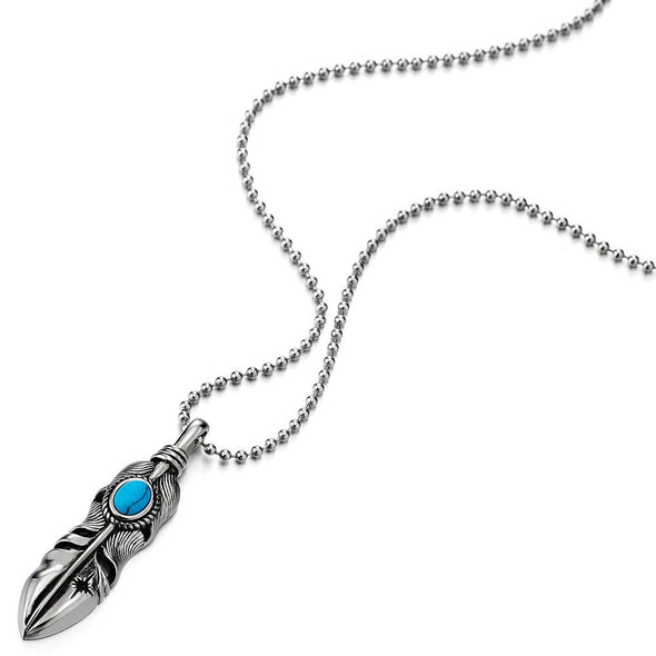 Retro Style Mens Womens Stainless Steel Feather Pendant Necklace with Turquoise, 23.6 inches Chain