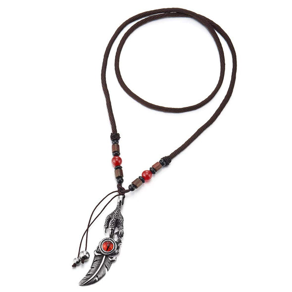 COOLSTEELANDBEYOND Retro Style Mens Womens Steel Feather Dragon Eagle Claw Pendant Necklace with Red Agate Beads - coolsteelandbeyond