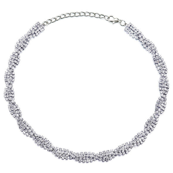 Rhinestone Pave Twisted Braided Chain Statement Choker Collar Necklace, Dazzling, Dress Party - COOLSTEELANDBEYOND Jewelry
