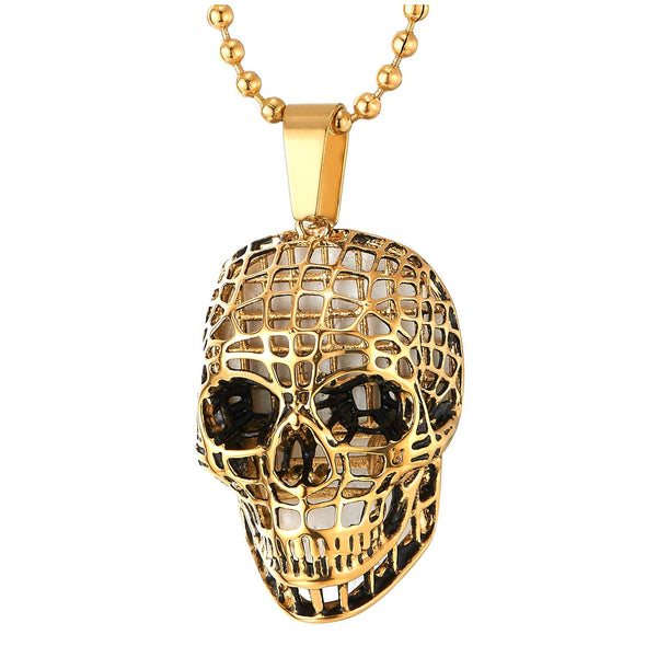 Rock Mens Women Steel Gold Mesh Grid Hollow Skull Pendant Necklace, 23.6 in Ball Chain