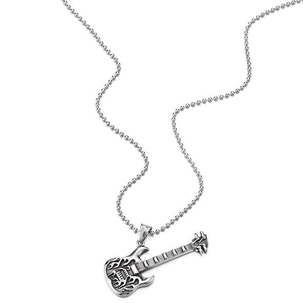 COOLSTEELANDBEYOND Rock Punk Black Silver Guitar Pendant Necklace for Men Women, Steel with 30 inches Ball Chain - coolsteelandbeyond