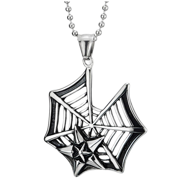 Rock Punk Steel Vintage Spider Web Two Stars Pendant Necklace for Men Women, 30 inches Ball Chain - COOLSTEELANDBEYOND Jewelry