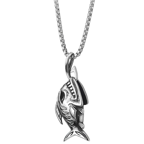 Shark Sharp Teeth Fish Skeleton Bone Pendant Necklace Steel Gothic Style, 30 inches Wheat Chain - COOLSTEELANDBEYOND Jewelry
