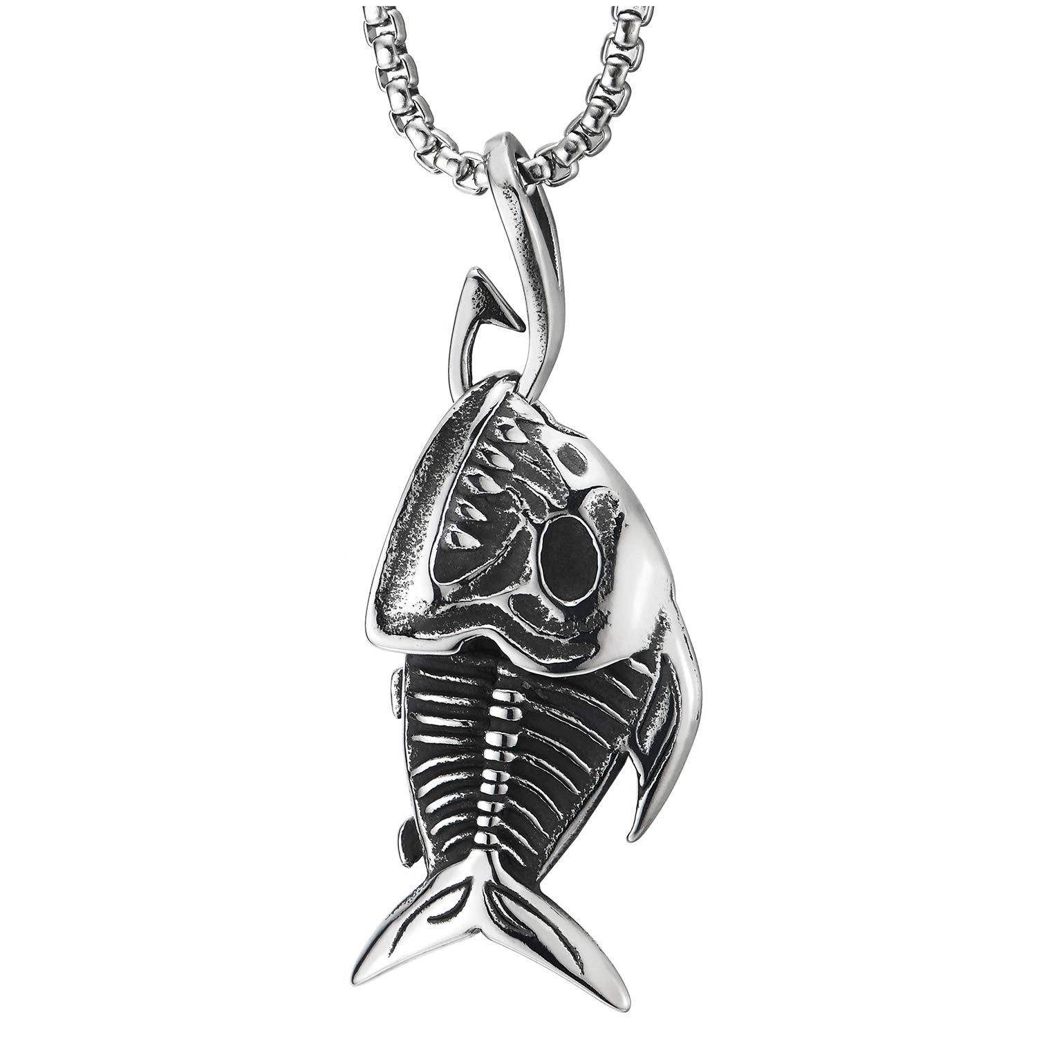 Shark Tooth Bone Pendant Necklace - Gothic Steel Chain 30 Inches Long