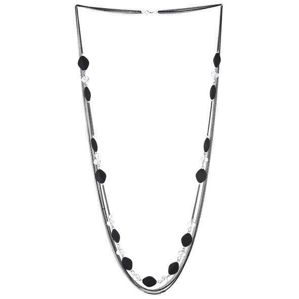 Silver Black Statement Necklace Multi-Strand Long Chain with Black Acrylic Beads Crystal Bead Charms