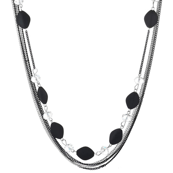 Silver Black Statement Necklace Multi-Strand Long Chain with Black Acrylic Beads Crystal Bead Charms
