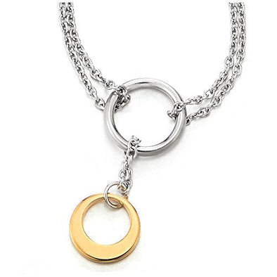 COOLSTEELANDBEYOND Silver Gold Double Circles Y-Shape Pendant Necklace Stainless Steel Clavicle Chains - COOLSTEELANDBEYOND Jewelry
