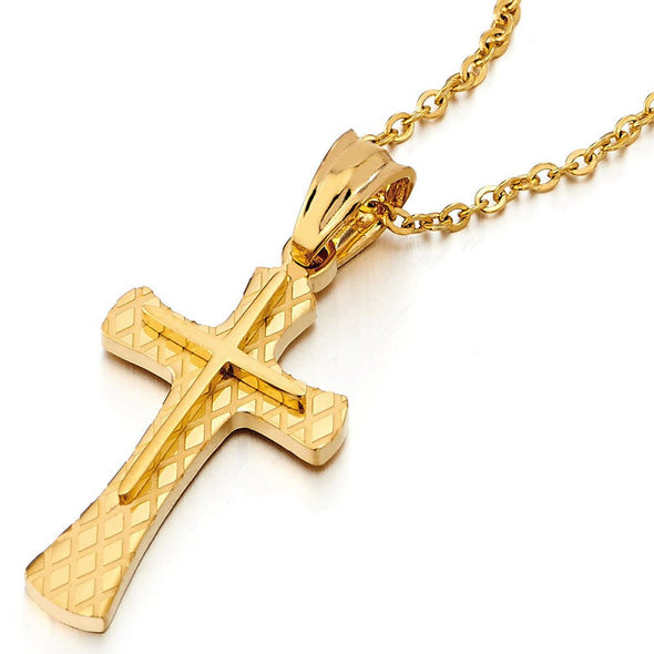 Small Gold Color Cross Pendant Necklace for Men Women Stainless Steel Double Layer with 18 in Chain