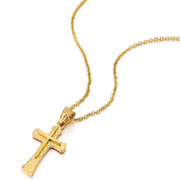Small Gold Color Cross Pendant Necklace for Men Women Stainless Steel Double Layer with 18 in Chain