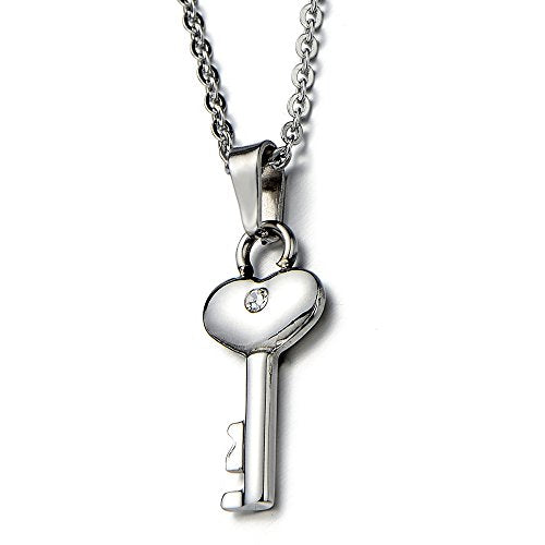 COOLSTEELANDBEYOND Small Key Pendant Necklace for Lady for for Daughter Stainless Steel with Cubic Zirconia - coolsteelandbeyond