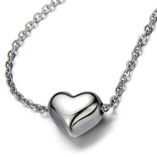 COOLSTEELANDBEYOND Small Sliding Puff Heart Pendant Necklace Stainless Steel with 19 Inches Chain - coolsteelandbeyond
