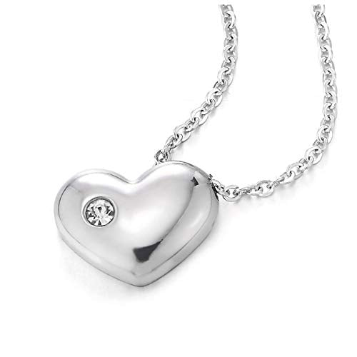 COOLSTEELANDBEYOND Small Sliding Puff Heart Pendant Necklace Stainless Steel with Cubic Zirconia, 17.7 inches Chain - coolsteelandbeyond