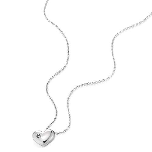 COOLSTEELANDBEYOND Small Sliding Puff Heart Pendant Necklace Stainless Steel with Cubic Zirconia, 17.7 inches Chain - coolsteelandbeyond