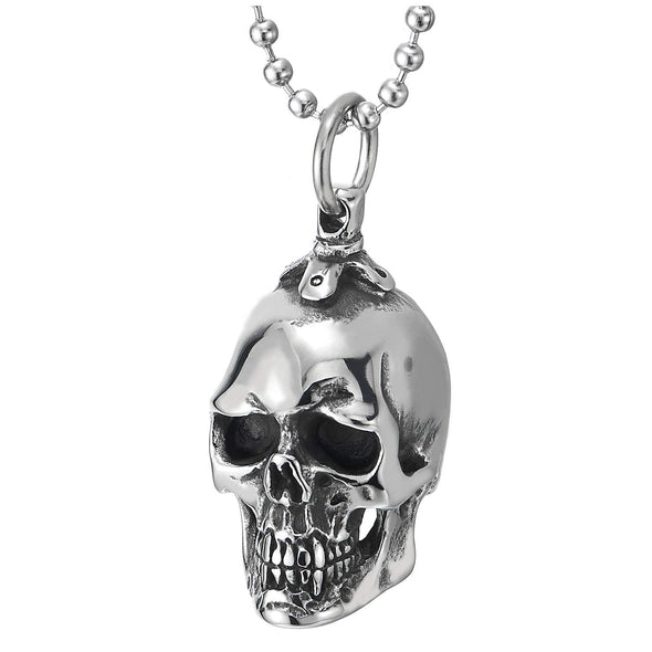 COOLSTEELANDBEYOND Small Steel Skull Pendant Necklace for Men, High Polished, 23.6 Inches Ball Chain - coolsteelandbeyond