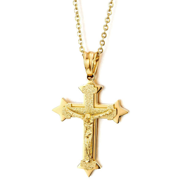 Small Tri-Layer Stainless Steel Gold Color Jesus Christ Crucifix Cross Pendant Necklace Men Women
