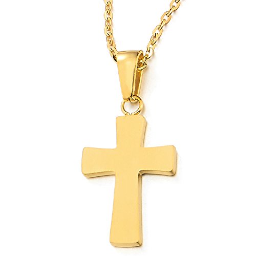 COOLSTEELANDBEYOND Small Unisex Gold Color Cross Pendant Necklace for Men Women Stainless Steel with 20 inches Chain - COOLSTEELANDBEYOND Jewelry