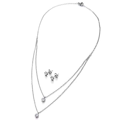 COOLSTEELANDBEYOND Sparkling Cubic Zirconia Circle Pendant Two-Row Steel Necklace, Earrings Set, 16 inches Rope Chain - COOLSTEELANDBEYOND Jewelry