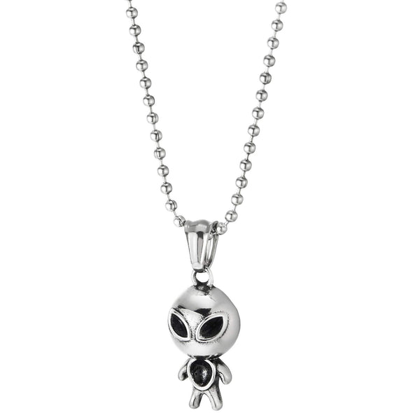 Stainless Steel Alien Pendant Necklace for Men Women, Polished, 23.6 Inches Ball Chain, Cute - COOLSTEELANDBEYOND Jewelry