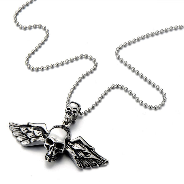 Stainless Steel Angle Wings Skull Pendant Necklace for Men for Women Gothic Punk Rock 23.6in Chain