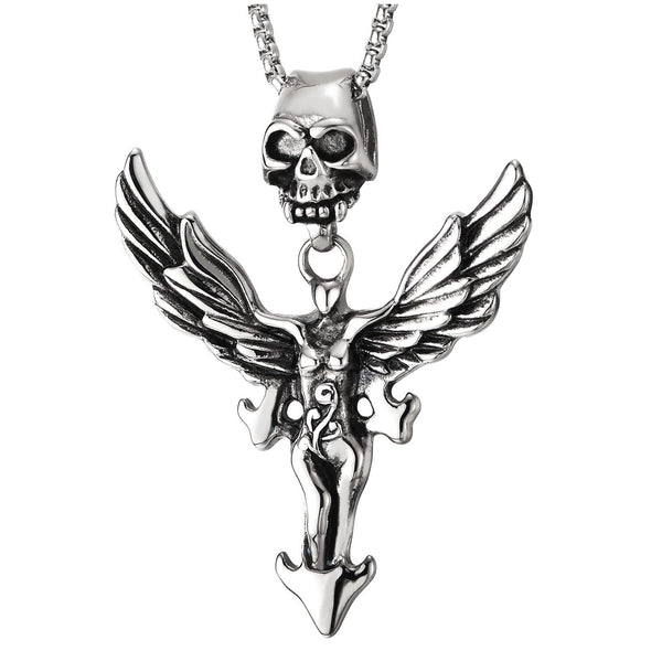 Stainless Steel Angle Wings Skull Pendant Necklace for Men Women Gothic Punk Rock, 30 inch Chain - COOLSTEELANDBEYOND Jewelry