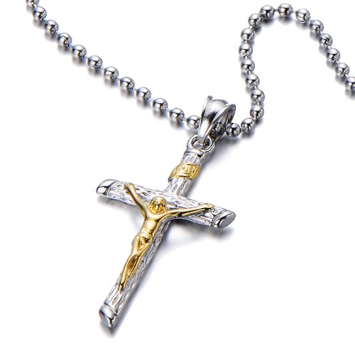 Stainless Steel Crucifix Cross Pendant Necklace for Men and Women with 23.6 Inches Steel Ball Chain - COOLSTEELANDBEYOND Jewelry