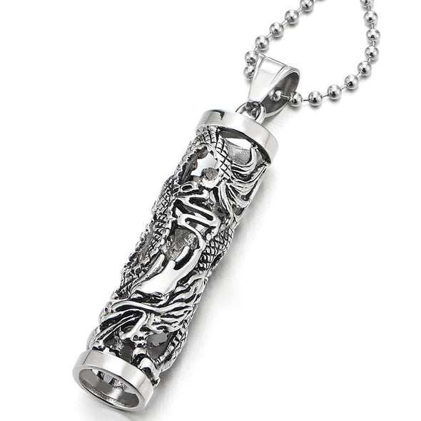 COOLSTEELANDBEYOND Stainless Steel Flying Dragon Filigree Cylinder Pendant Necklace for Men, 30 inches Ball Chain - coolsteelandbeyond