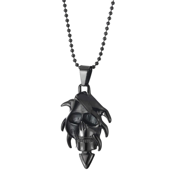 Stainless Steel Gothic Black Arrow Head Witch Skull Pendant Necklace with 30 Inches Steel Ball Chain - COOLSTEELANDBEYOND Jewelry