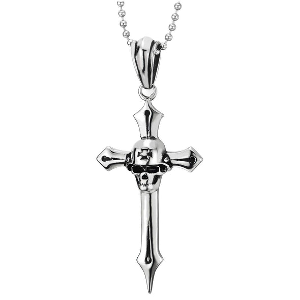 Stainless Steel Gothic Helmet Skull Spiked Cross Pendant Necklace, 30 inches Steel Ball Chain