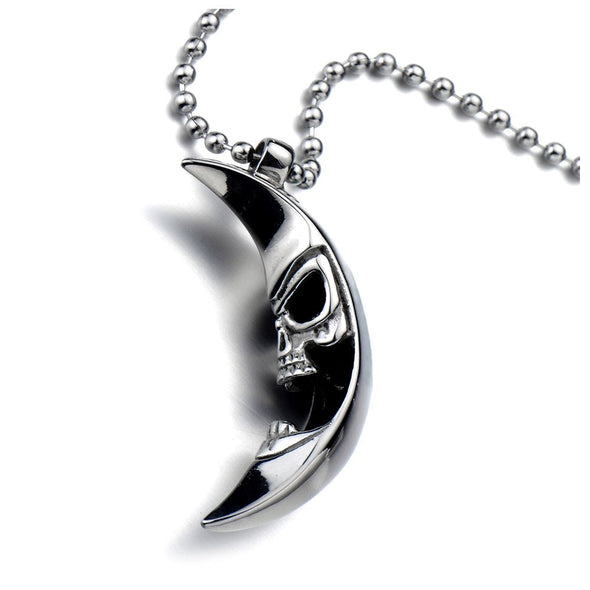 Stainless Steel Gothic Moon Skull Pendant Necklace with 23.4 Inches Ball Chain - COOLSTEELANDBEYOND Jewelry