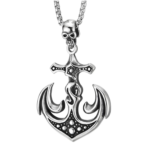 Stainless Steel Men Women Vintage Dotted Wave Anchor Skull Pendant Necklace 30 in Wheat Chain - COOLSTEELANDBEYOND Jewelry