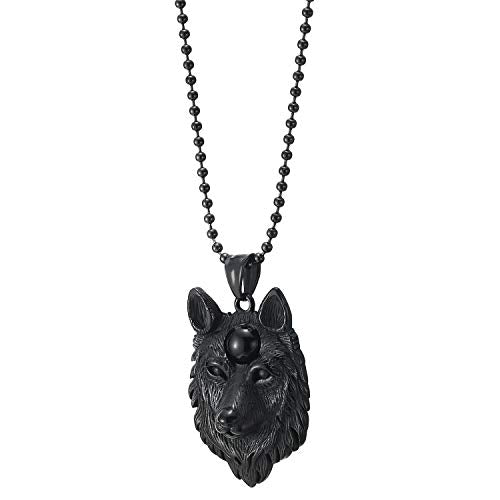 COOLSTEELANDBEYOND Stainless Steel Mens Black Wolf Head Pendant Necklace with Black Resin Bead, 30 in Ball Chain - coolsteelandbeyond
