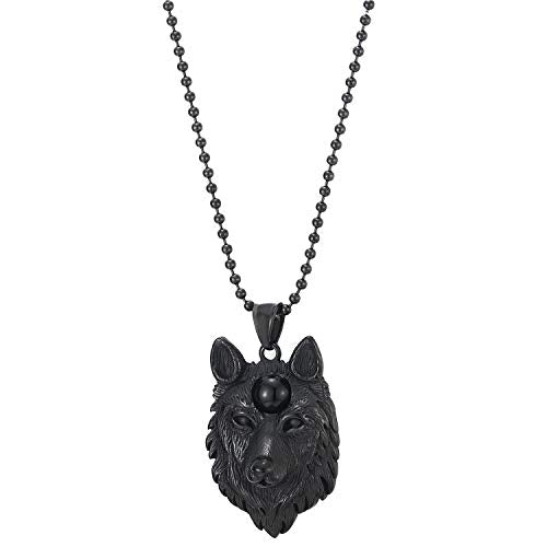 COOLSTEELANDBEYOND Stainless Steel Mens Black Wolf Head Pendant Necklace with Black Resin Bead, 30 in Ball Chain - coolsteelandbeyond