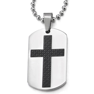 COOLSTEELANDBEYOND Stainless Steel Mens Dog Tag Pendant Necklace with Cross Carbon Fiber, 23.6 inches Ball Chain - coolsteelandbeyond