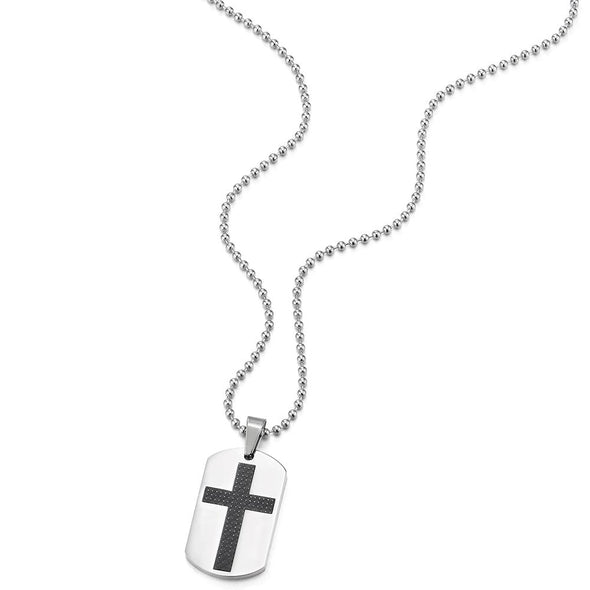 COOLSTEELANDBEYOND Stainless Steel Mens Dog Tag Pendant Necklace with Cross Carbon Fiber, 23.6 inches Ball Chain - coolsteelandbeyond