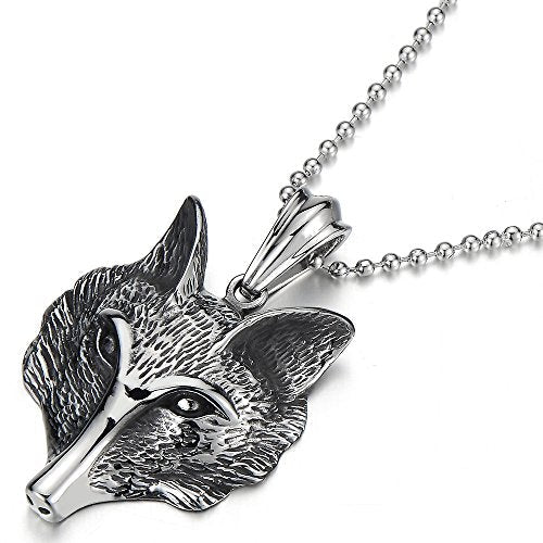 Stainless Steel Mens Fox Head Pendant Necklace with 30 inches Steel Ball Chain - COOLSTEELANDBEYOND Jewelry
