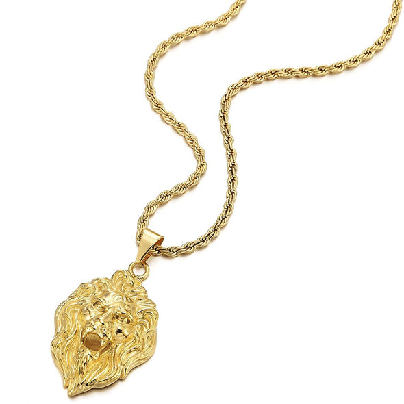 Stainless Steel Mens Gold Color Lion Head Pendant Necklace with 30 inches Rope Chain - COOLSTEELANDBEYOND Jewelry