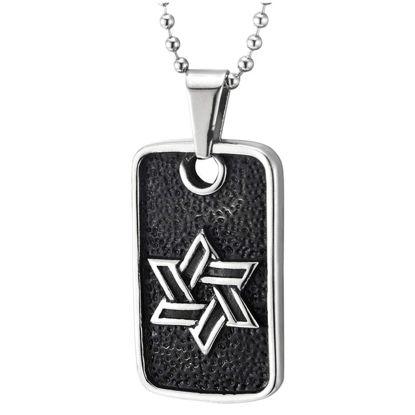 Stainless Steel Mens Silver Black Textured Dog Tag Pendant Necklace Embossed with Star-of-David