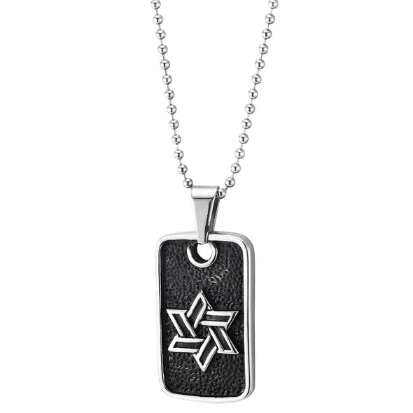Stainless Steel Mens Silver Black Textured Dog Tag Pendant Necklace Embossed with Star-of-David