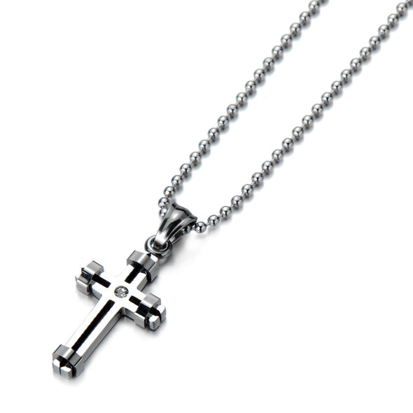 Stainless Steel Mens Small Cross Pendant Necklace Layer Design with Cubic Zirconia - COOLSTEELANDBEYOND Jewelry