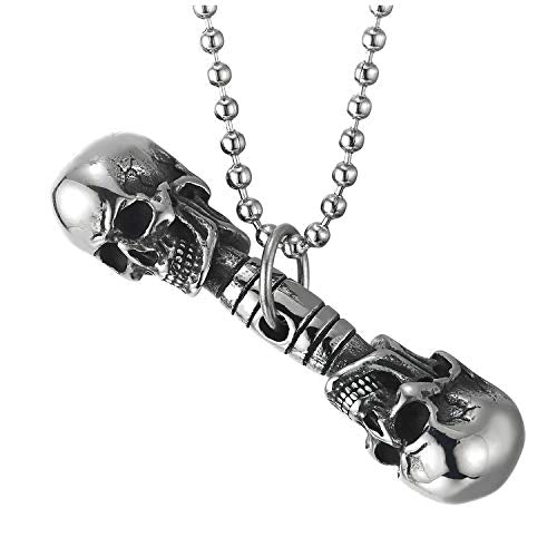 Stainless Steel Mens Vintage Skulls Barbell Pendant Necklace with 30 in Ball Chain, Polished Unique