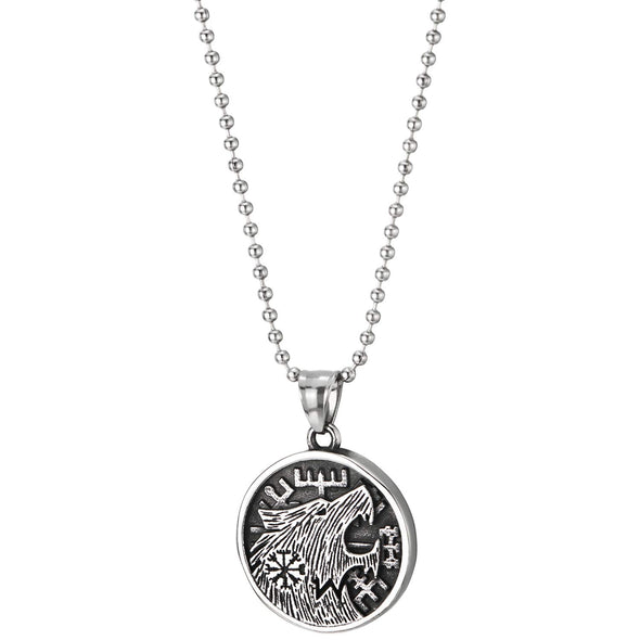 Stainless Steel Mens Vintage Wolf Head Circle Medal Pendant Necklace, 23.6 inches Steel Ball Chain