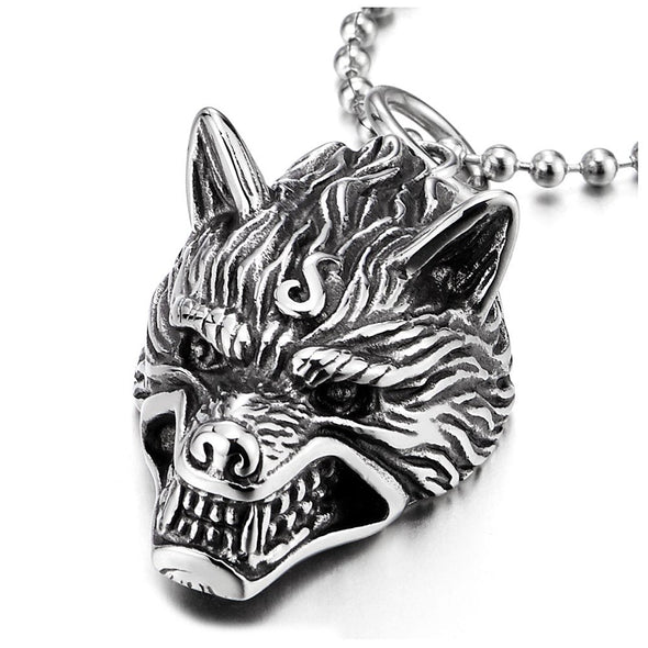 COOLSTEELANDBEYOND Stainless Steel Mens Vintage Wolf Head Pendant Necklace with 23.6 inches Steel Ball Chain - coolsteelandbeyond