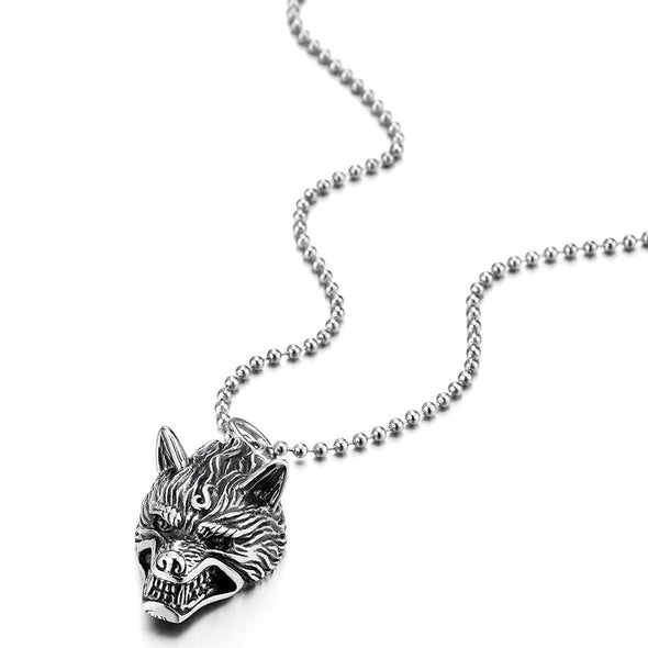 COOLSTEELANDBEYOND Stainless Steel Mens Vintage Wolf Head Pendant Necklace with 23.6 inches Steel Ball Chain - coolsteelandbeyond