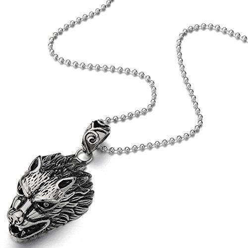 Stainless Steel Mens Wolf Head Pendant Necklace with 30 inches Steel Ball Chain - COOLSTEELANDBEYOND Jewelry