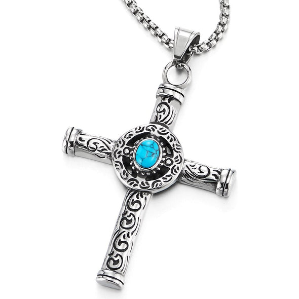 Stainless Steel Mens Women Vintage Circle Cross Pendant Necklace with Blue Gem Stone, 30 in Chain - COOLSTEELANDBEYOND Jewelry