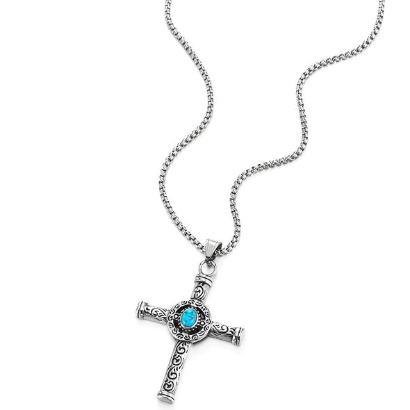 Stainless Steel Mens Women Vintage Circle Cross Pendant Necklace with Blue Gem Stone, 30 in Chain - COOLSTEELANDBEYOND Jewelry