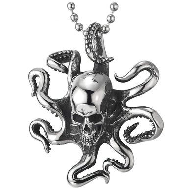 Stainless Steel Mens Womens Vintage Octopus Skull Pendant Necklace with 30 inches Ball Chain - COOLSTEELANDBEYOND Jewelry