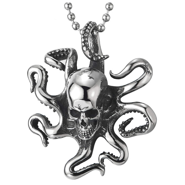Stainless Steel Mens Womens Vintage Octopus Skull Pendant Necklace with 30 inches Ball Chain