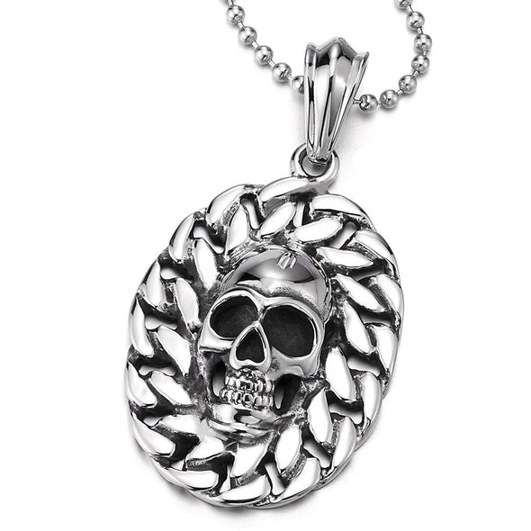Stainless Steel Oval Solid Curb Chain Medallion Skull Pendant Necklace for Men Women - COOLSTEELANDBEYOND Jewelry